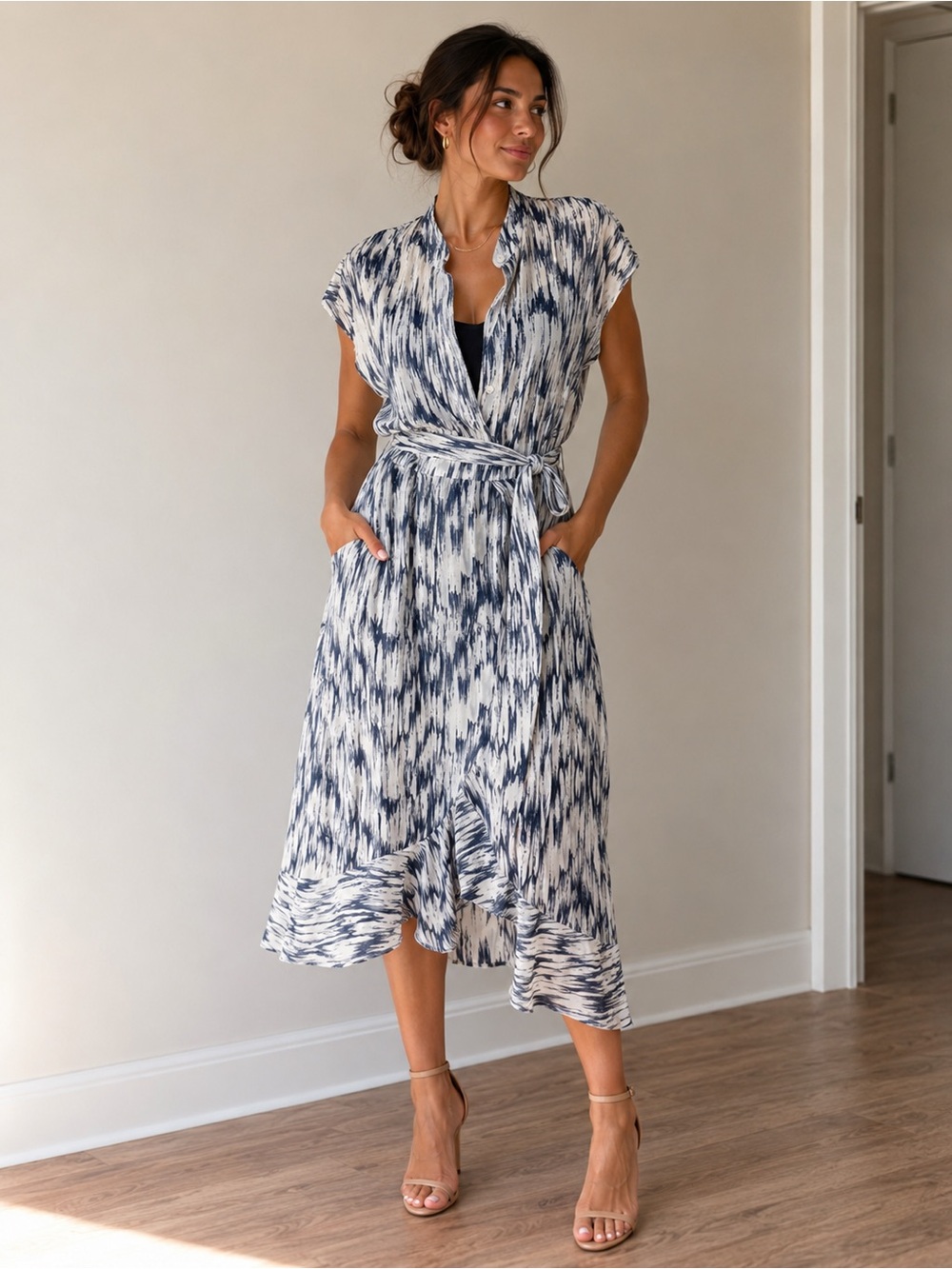 Club Monaco Abstract Print Faux Wrap Midi Dress | Size 6 | Belted | Pockets